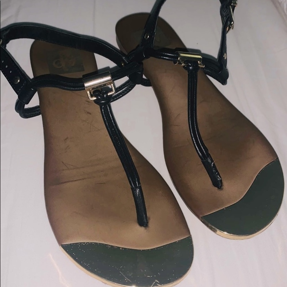 DV by Dolce Vita T Strap Black Ankle Strap Sandals w Shiny Gold Toe Plate!